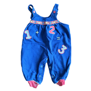 Vintage Kids Counting 1 + 2 = 3 Primary Navy Red Overalls Romper Size 12M